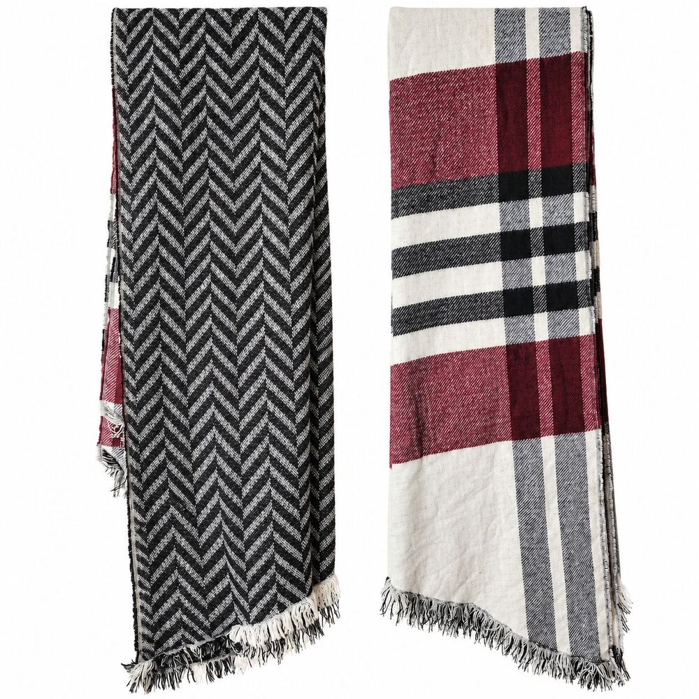LA Express NWT Reversible Blanket Scarf Shawl Wrap Plaid Herringbone Maroon Blk